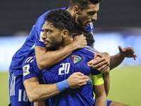 Yousef Alsulaiman (C) of Kuwait celebrates after scoring a goal during the FIFA World Cup 2026 Qualification 3rd Round group B match between...