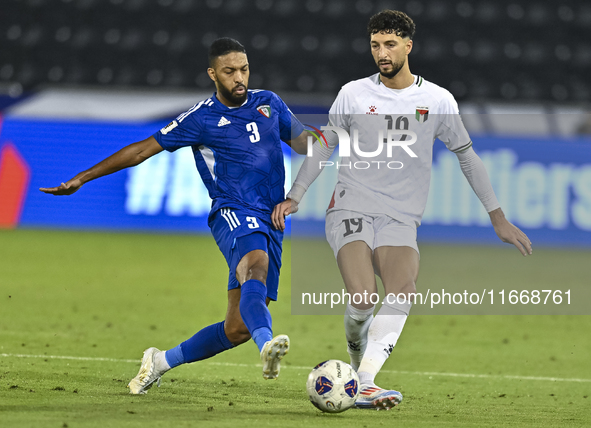 Wessam Abouli of Palestine battles for the ball with Meshari Alenezi of Kuwait during the FIFA World Cup 2026 Qualification 3rd Round group...