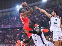 Moses Wright of Olympiacos Piraeus competes with Leandro Bolmaro of EA7 Emporio Armani Milan during the Euroleague, Round 3 match between Ol...