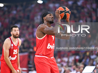 Moses Wright of Olympiacos Piraeus plays during the Euroleague, Round 3 match between Olympiacos Piraeus and EA7 Emporio Armani Milan at Pea...