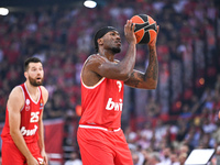 Moses Wright of Olympiacos Piraeus plays during the Euroleague, Round 3 match between Olympiacos Piraeus and EA7 Emporio Armani Milan at Pea...