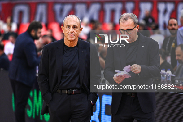 Head Coach Ettore Messina with Assistant Mario Fioretti of EA7 Emporio Armani Milan during the Euroleague, Round 3 match between Olympiacos...