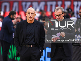 Head Coach Ettore Messina with Assistant Mario Fioretti of EA7 Emporio Armani Milan during the Euroleague, Round 3 match between Olympiacos...