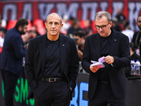 Head Coach Ettore Messina with Assistant Mario Fioretti of EA7 Emporio Armani Milan during the Euroleague, Round 3 match between Olympiacos...