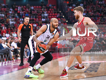 Shavon Shields of EA7 Emporio Armani Milan competes with Thomas Walkup of Olympiacos Piraeus during the Euroleague, Round 3 match between Ol...