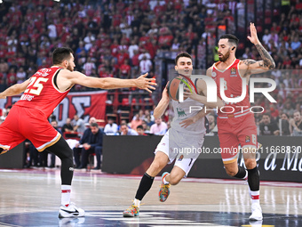 Neno Dimitrijevic of EA7 Emporio Armani Milan competes with Luca Vildoza of Olympiacos Piraeus during the Euroleague, Round 3 match between...