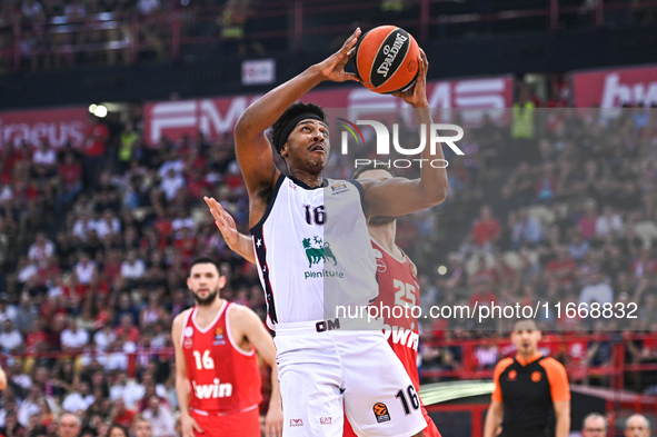 Zach Leday of EA7 Emporio Armani Milan plays during the Euroleague, Round 3 match between Olympiacos Piraeus and EA7 Emporio Armani Milan at...