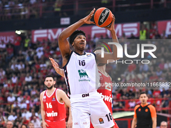 Zach Leday of EA7 Emporio Armani Milan plays during the Euroleague, Round 3 match between Olympiacos Piraeus and EA7 Emporio Armani Milan at...