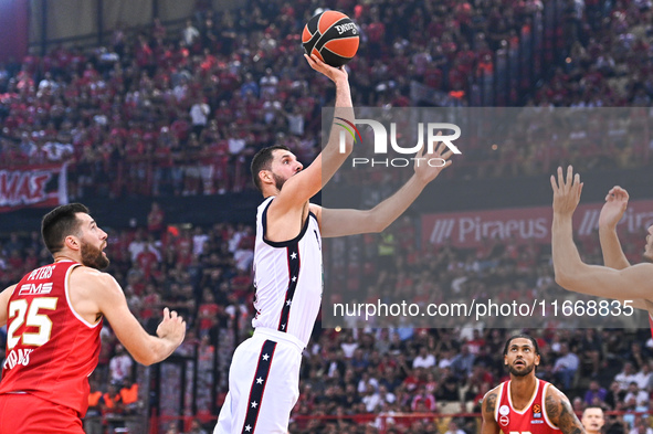 Nikola Mirotic of EA7 Emporio Armani Milan plays during the Euroleague, Round 3 match between Olympiacos Piraeus and EA7 Emporio Armani Mila...