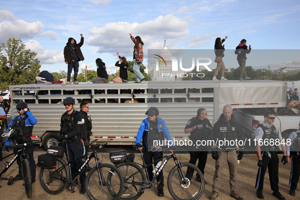 Police surround a horse trailer after Indigenous demonstrators clash with police near the U.S. Capitol in Washington, D.C. on October 15, 20...