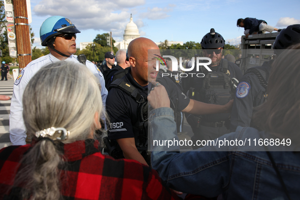 Indigenous demonstrators clash with police near the U.S. Capitol in Washington, D.C. on October 15, 2024 after U.S. Park Police attempt to c...