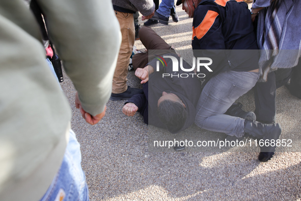 Indigenous demonstrators clash with police near the U.S. Capitol in Washington, D.C. on October 15, 2024 after U.S. Park Police attempt to c...