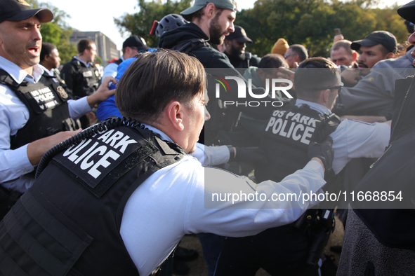 Indigenous demonstrators clash with police near the U.S. Capitol in Washington, D.C. on October 15, 2024 after U.S. Park Police attempt to c...