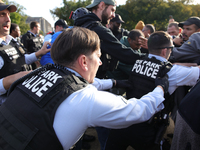 Indigenous demonstrators clash with police near the U.S. Capitol in Washington, D.C. on October 15, 2024 after U.S. Park Police attempt to c...