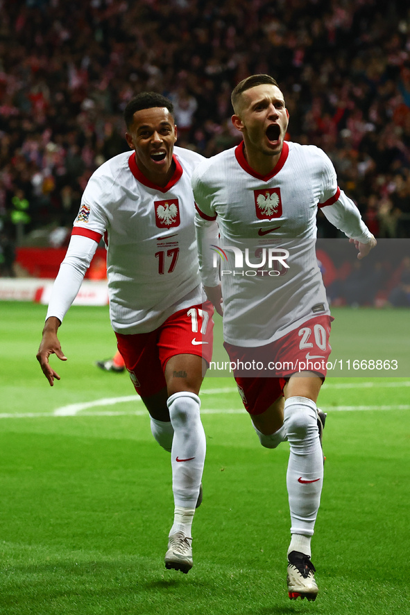 Michael Ameyew and Sebastian Szymanski of Poland celebrate the goal during UEFA Nations League football match Poland - Croatia at National S...