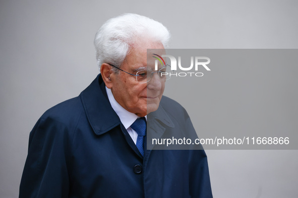 President of Italy, Sergio Mattarella attends a welcome ceremony during the Arraiolos Group meeting at the Wawel Royal Castle in Krakow, Pol...