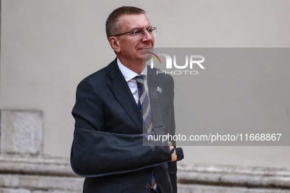 Latvia's President Edgars Rinkevics attends a welcome ceremony during the Arraiolos Group meeting at the Wawel Royal Castle in Krakow, Polan...