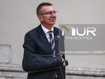 Latvia's President Edgars Rinkevics attends a welcome ceremony during the Arraiolos Group meeting at the Wawel Royal Castle in Krakow, Polan...