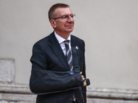 Latvia's President Edgars Rinkevics attends a welcome ceremony during the Arraiolos Group meeting at the Wawel Royal Castle in Krakow, Polan...