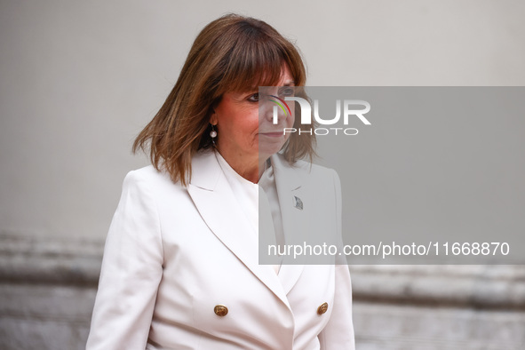 Greece's President Katerina Sakellaropoulou attends a welcome ceremony during the Arraiolos Group meeting at the Wawel Royal Castle in Krako...