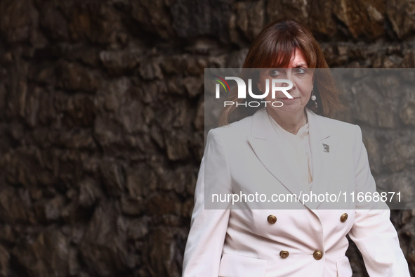 Greece's President Katerina Sakellaropoulou attends a welcome ceremony during the Arraiolos Group meeting at the Wawel Royal Castle in Krako...