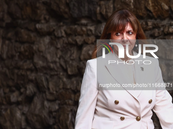 Greece's President Katerina Sakellaropoulou attends a welcome ceremony during the Arraiolos Group meeting at the Wawel Royal Castle in Krako...