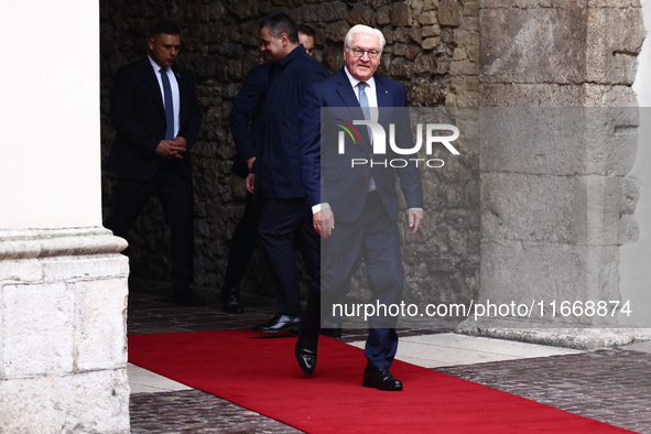 Germany's President Frank-Walter Steinmeier attends a welcome ceremony during the Arraiolos Group meeting at the Wawel Royal Castle in Krako...