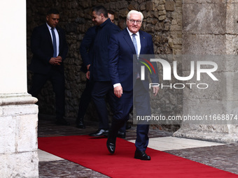 Germany's President Frank-Walter Steinmeier attends a welcome ceremony during the Arraiolos Group meeting at the Wawel Royal Castle in Krako...