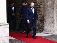 Germany's President Frank-Walter Steinmeier attends a welcome ceremony during the Arraiolos Group meeting at the Wawel Royal Castle in Krako...