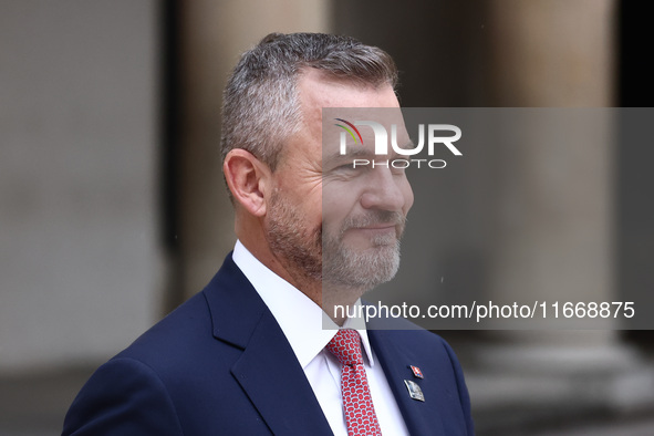 Slovakia's President Peter Pellegrini attends a welcome ceremony during the Arraiolos Group meeting at the Wawel Royal Castle in Krakow, Pol...