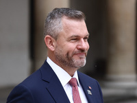 Slovakia's President Peter Pellegrini attends a welcome ceremony during the Arraiolos Group meeting at the Wawel Royal Castle in Krakow, Pol...