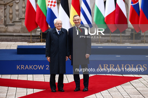 President of Poland Andrzej Duda and President of Italy Sergio Mattarella attend a welcome ceremony during the Arraiolos Group meeting at th...