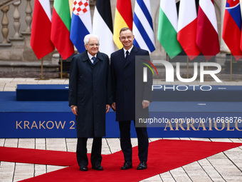 President of Poland Andrzej Duda and President of Italy Sergio Mattarella attend a welcome ceremony during the Arraiolos Group meeting at th...