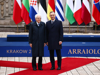 President of Poland Andrzej Duda and President of Italy Sergio Mattarella attend a welcome ceremony during the Arraiolos Group meeting at th...