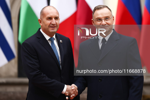 President of Poland Andrzej Duda and Bulgaria's President Rumen Radev attend a welcome ceremony during the Arraiolos Group meeting at the Wa...