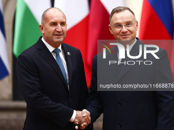 President of Poland Andrzej Duda and Bulgaria's President Rumen Radev attend a welcome ceremony during the Arraiolos Group meeting at the Wa...