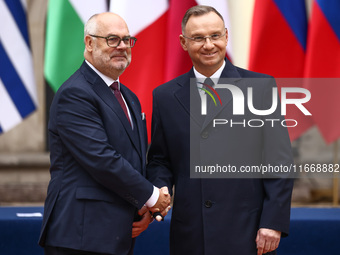 President of Poland Andrzej Duda and Estonia's President Alar Karis attend a welcome ceremony during the Arraiolos Group meeting at the Wawe...