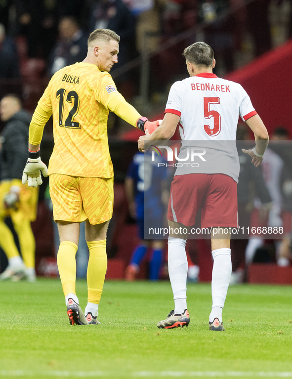 Marcin Bulka , Jan Bednarek  during UEFA Nations League match Poland vs Croatia in Warsaw Poland on 15 October 2024. 