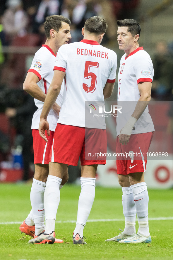 Jakub Kiwior , Jan Bednarek , Robert Lewandowski  during UEFA Nations League match Poland vs Croatia in Warsaw Poland on 15 October 2024. 