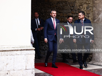 Slovakia's President Peter Pellegrini attends a welcome ceremony during the Arraiolos Group meeting at the Wawel Royal Castle in Krakow, Pol...