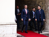 Slovakia's President Peter Pellegrini attends a welcome ceremony during the Arraiolos Group meeting at the Wawel Royal Castle in Krakow, Pol...