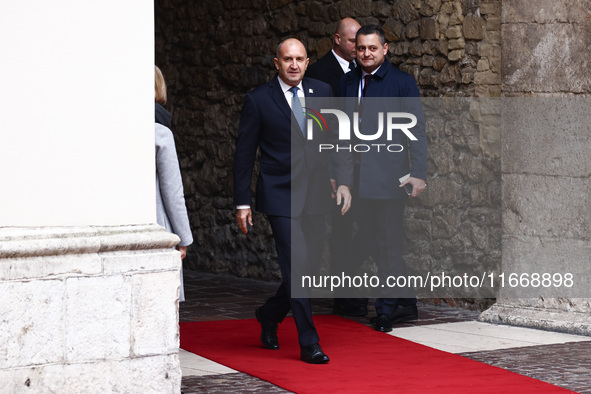 Bulgaria's President Rumen Radev attends a welcome ceremony during the Arraiolos Group meeting at the Wawel Royal Castle in Krakow, Poland,...