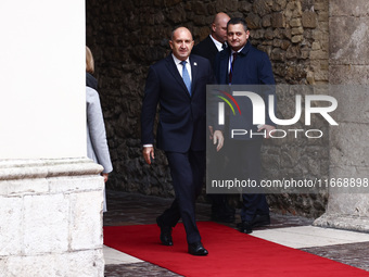 Bulgaria's President Rumen Radev attends a welcome ceremony during the Arraiolos Group meeting at the Wawel Royal Castle in Krakow, Poland,...