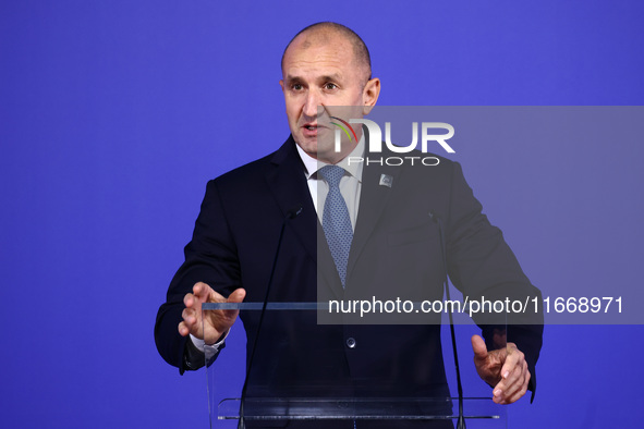 Rumen Radev, President of Bulgaria, speaks at the press conference during the Arraiolos Group meeting at the Wawel Royal Castle in Krakow, P...