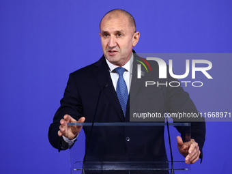 Rumen Radev, President of Bulgaria, speaks at the press conference during the Arraiolos Group meeting at the Wawel Royal Castle in Krakow, P...