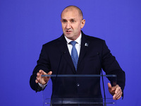 Rumen Radev, President of Bulgaria, speaks at the press conference during the Arraiolos Group meeting at the Wawel Royal Castle in Krakow, P...