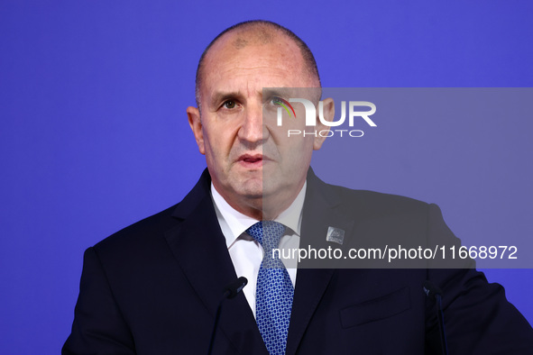 Rumen Radev, President of Bulgaria, speaks at the press conference during the Arraiolos Group meeting at the Wawel Royal Castle in Krakow, P...