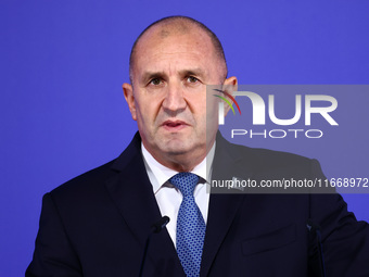 Rumen Radev, President of Bulgaria, speaks at the press conference during the Arraiolos Group meeting at the Wawel Royal Castle in Krakow, P...