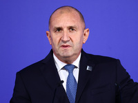 Rumen Radev, President of Bulgaria, speaks at the press conference during the Arraiolos Group meeting at the Wawel Royal Castle in Krakow, P...