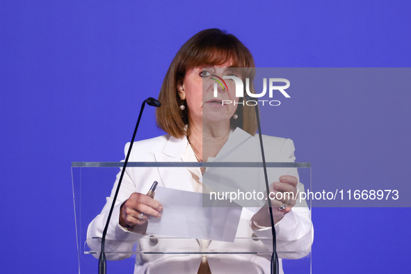 Katerina Sakellaropoulou, President of Greece, speaks at the press conference during the Arraiolos Group meeting at the Wawel Royal Castle i...